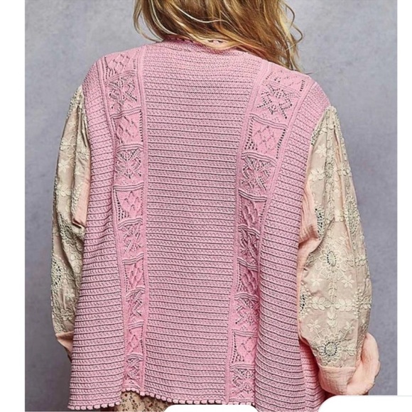 NWT POL Pink Textured Cardigan with Peach Sleeves & White Embroidery - Picture 2 of 2